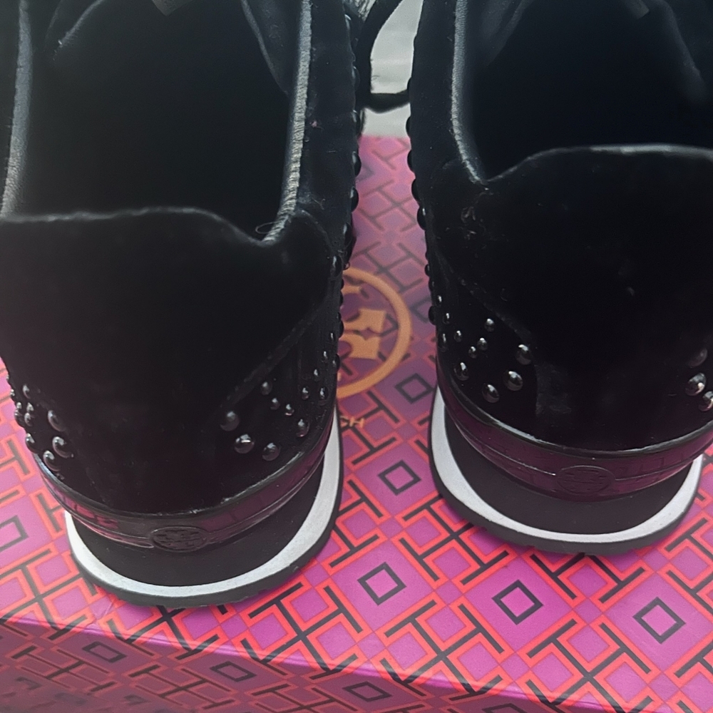 TORY BURCH * SCARLETT RUNNER VELVET   EMBELLISHED BLACK SNEAKERS - Picture 5 of 10